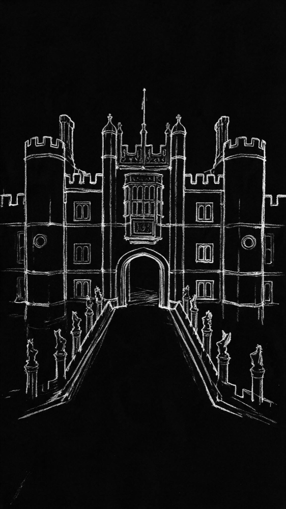 Line drawing of the Hampton Court Palace gatehouse